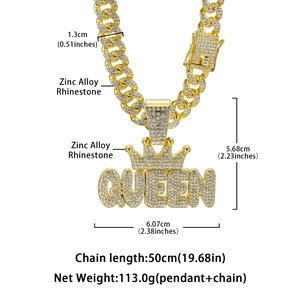 Iced out gold QUEEN pendant Cuban link necklace with rhinestones and size specifications