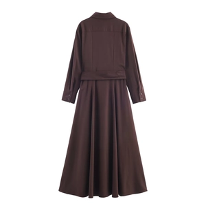 Elegant dark brown long-sleeved shirt dress with matching belt and pleated back detail