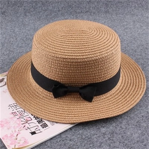 Boater Hat Women Straw Sun Protection Beach Vacation Ribbon Bow Flat Top Foldable