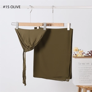 Detail view of olive green modal jersey hijab cap and matching chiffon shawl set