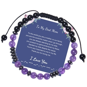 Natural Amethyst Frosted Stone Morse Code Bracelet For Women Adjustable Braided Rope Jewelry Gift With Message Card