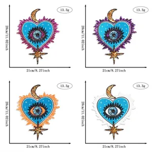 Detailed size chart for heart eyes sequin patches in pink, purple, orange, and white
