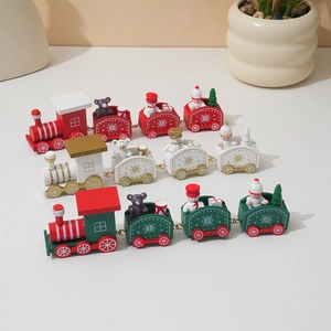 Three-piece wooden Christmas train set in red, white, and green with festive figurines