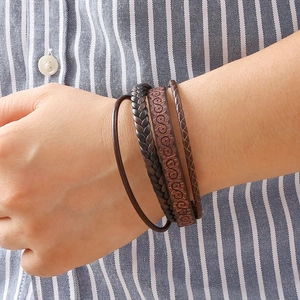 Multi-layer men's braided brown PU leather bracelet set with bronze alloy buckle