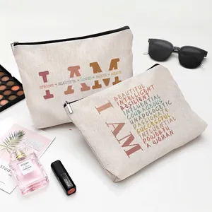 Inspirational Letter Print Makeup Bag Waterproof Cotton Linen Zipper Storage Pouch Portable Cosmetic Organizer Travel Case
