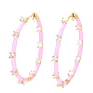Pink enamel hoop earrings with sparkling cubic zirconia on gold metal base
