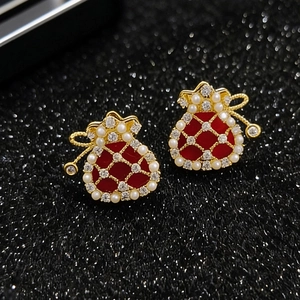 Money Bag Stud Earrings With Silver Earring Post Gold Plated Red Enamel Cubic Zirconia Imitation Artificial Pearl Chinese Style Women
