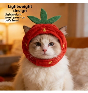 Close-up of a plush red strawberry-shaped hat for cats with green leaf and embroidery