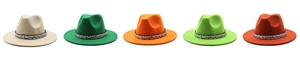 Flat lay of five wide brim wool fedora hats in beige, green, orange and red colors