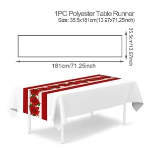 Christmas table runner with red poinsettia and plaid pattern, size 35.5x181cm detail view