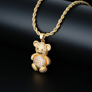 Goldene Teddybär-Anhänger-Halskette mit lila-weißen Steinen und dicker Kordelkette