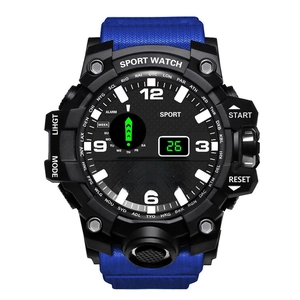 Macro shot of multifunctional outdoor digital watch with blue woven strap and LCD screen
