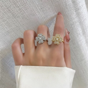 Rotatable Four Leaf Clover Ring Titanium Steel Heart Inlay Rhinestone Adjustable Open Jewelry For Women