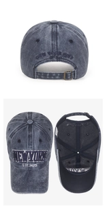 Three-way view of washed vintage baseball cap with 3D embroidery and adjustable metal buckle