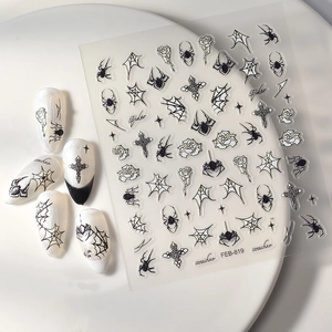 5D embossed dark spider web nail stickers with gothic rose and cross designs for nail art