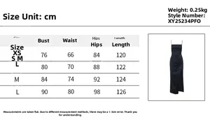 Detailed size chart for satin slip dress with bust and waist measurements in cm
