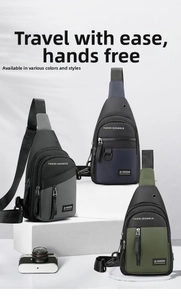 Three men's nylon chest bags in gray, blue, and green with adjustable straps and zip pockets