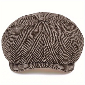 Winter herringbone newsboy cap in brown wool blend for men and women, classic retro style