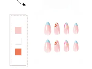 Detailed almond shape press on nails featuring blue French tips and small floral patterns