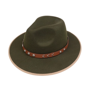 Detail of dark green wool fedora with brown leather band, silver studs and v-shaped metal buckle