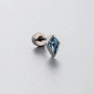 Titanium steel kite diamond blue zircon earring stud with flat back screw design