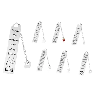 Polished stainless steel teacher bookmarks with diverse charms and engraved thank you quotes