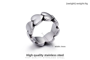 Detail view of heart link ring showing 9mm width and polished stainless steel texture
