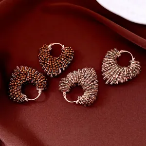 Boucles D'oreilles Mode Cœur En Verre Et Rondes Texturées Métalliques Pour Femmes Bijoux Rétro Élégants De Luxe