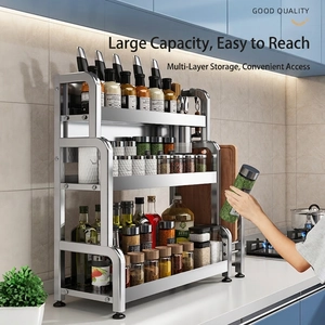 Three-tier stainless steel kitchen rack for spice bottles and knives with side hooks