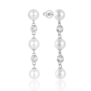 Detailed view of silver dangle earrings featuring alternating white pearls and crystal stones