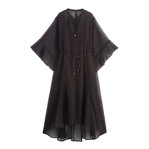 Women Elegant Chiffon Maxi Dress Sheer Flare Sleeves Tie-Neck With Beads Solid Color Bohemian Vacation Long Dress