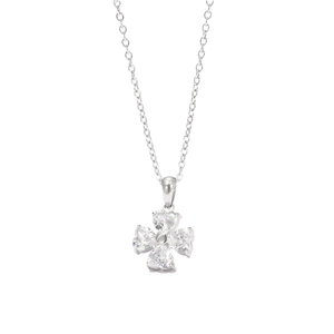 Elegant silver four-leaf clover necklace with sparkling heart-shaped zircon stones