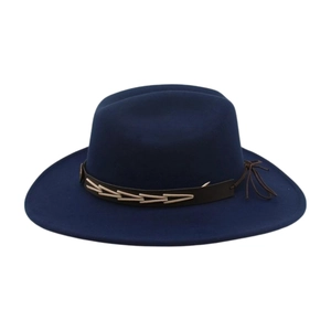 Detail of navy blue wool felt fedora with brown leather band and white stitching