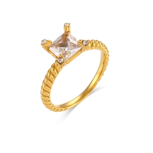 Minimalist 18K gold plated rope ring with a square zircon centerpiece on white background