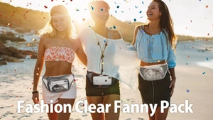 Three models wearing waterproof clear PVC fanny packs for outdoor festivals and travel