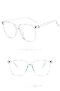 Detailed views of square transparent blue eyeglass frames with gold D-shaped hinge detail