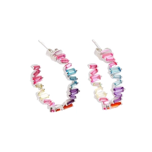 Rainbow hoop earrings with baguette cut multicolored stones in S925 silver finish