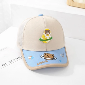 Detailed close-up of kids mesh baseball cap with 3D astronaut bear and SPACE logo