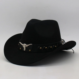 Classic black western cowboy hat featuring a silver bull head buckle and leather band