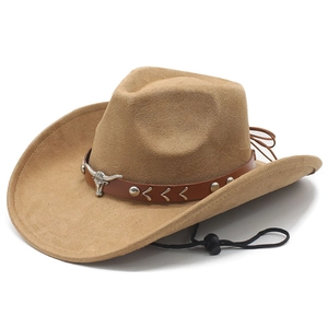 Chapeau de cowboy western en suédine kaki avec boucle tête de taureau et cordon réglable