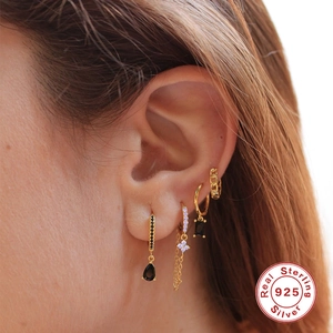 Elegant 925 sterling silver gold fringe earrings set with crystal and black zircon