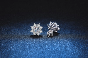 Macro shot of silver sun flower earrings with central moissanite and pave setting