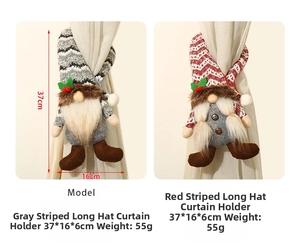 Close-up of gnome curtain buckles in red and grey stripes for Christmas home decor