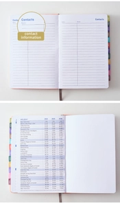 Detail view showing the 2024-2026 holiday list and contact pages of the academic planner