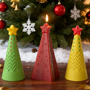 Three-piece Christmas tree candle set in red green and yellow with star topper