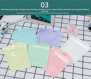Macro detail of colorful macaron self-sealing bags with resealable zippers and hang holes
