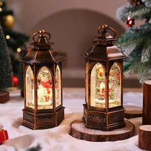 Macro detail of bronze Christmas snow globe lanterns with snowman and Santa Claus figures