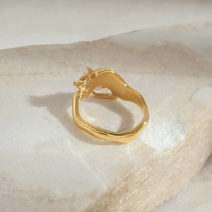 18K gold plated stainless steel wave ring with teardrop zircon on stone base