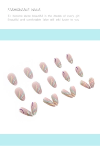 Detail of almond shaped press-on nails with glitter accents and colorful wave patterns