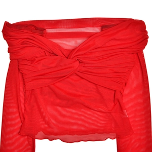 Detail of red off-shoulder mesh top with front knot and sheer long sleeves style